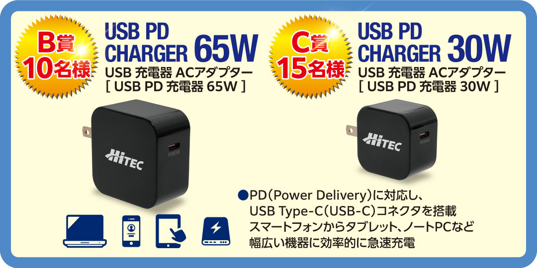 B賞　10名様　USB PD CHARGER 65W　USB充電器 ACアダプター［USB PD 充電器65W］　C賞　15名様　USB PD CHARGER 30W USB充電器 ACアダプター［USB PD 充電器30W］
