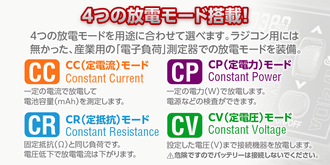 4つの放電モード　4つの放電モードを用途に合わせて選べます。ラジコン用には無かった、産業用の「電子負荷」測定器での放電モードを装備。　CC（定電流）モード Constant Current　一定の電流で放電して電池容量（ｍAh）を測定します。　CR（定抵抗）モード Constant Resistance　固定抵抗（Ω）と同じ負荷です。電圧低下で放電電流は下がります。　CP（定電力）モード Constant Power　一定の電力（W）で放電します。電源などの検査ができます。　CV（定電圧）モード Constant Voltage　設定した電圧（V）まで接続機器を放電します。※バッテリーは接続しないでください。