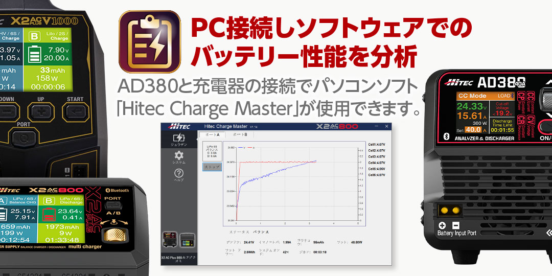 PC接続しソフトウェアでのバッテリー性能を分析　AD380とX2 AC PLUS V1000・X2 AC PLUS 800を接続してパソコンソフト「Hitec Charge Master」が使用できます。