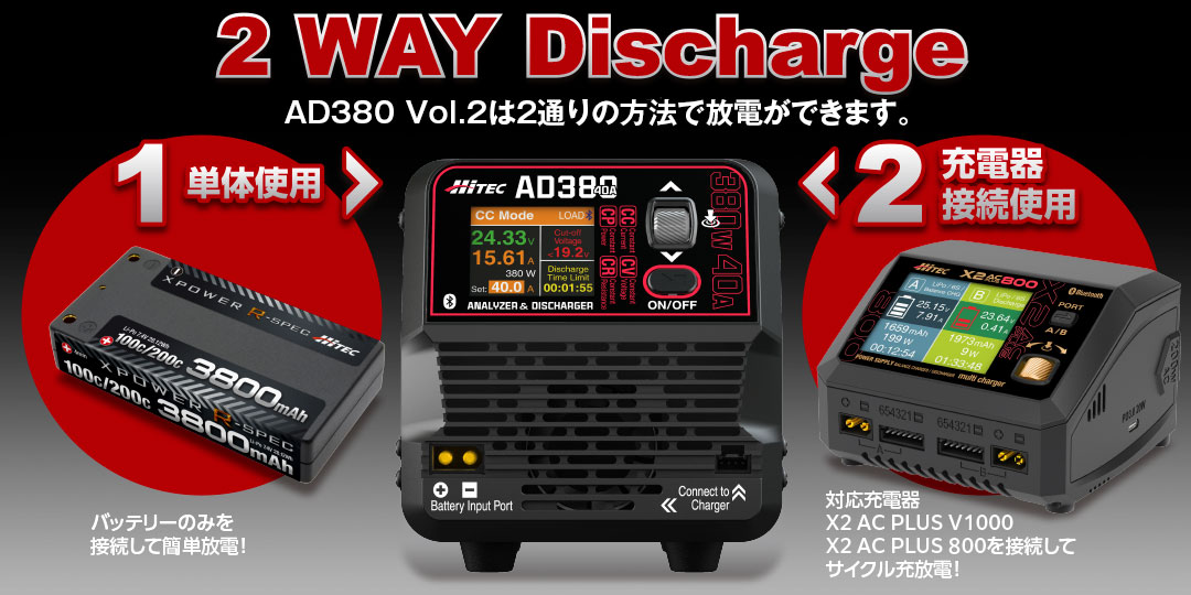 2 WAY Discharge‼ AD380 Vol.2は2通りの方法で放電ができます。［ 1 ］単体使用　・バッテリーのみを接続して簡単放電　［ 2 ］充電器接続使用　・対応充電器 X2 AC PLUS V1000 / X2 AC PLUS 800を接続してサイクル充放電！