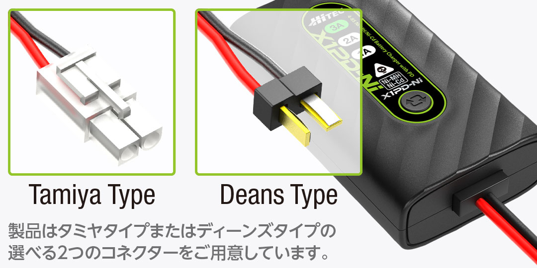 製品はタミヤタイプまたはディーンズタイプの選べる2つのコネクターをご用意しています。