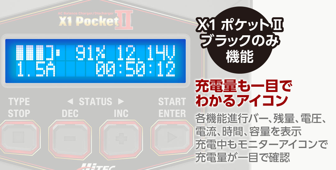 X1 ポケット Ⅱ ブラックのみ機能 ●充電量も一目でわかるアイコン 進行バー、残量、電圧、電流、時間、容量を表示充電中もモニターアイコンで充電量が一目で確認