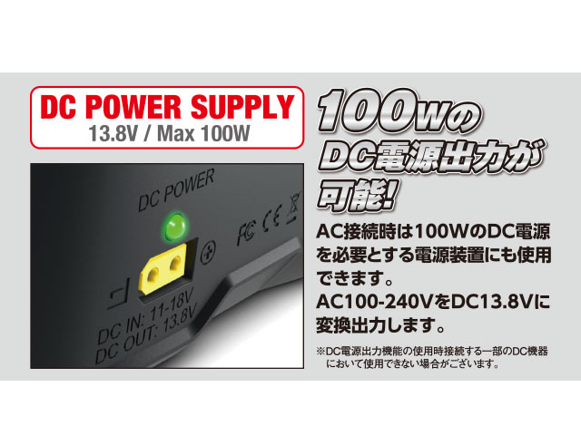 AC接続時は100WのDC電源を必要とする電源装置にも使用できます。AC100−240VをDC13.8Vに変換出力します。