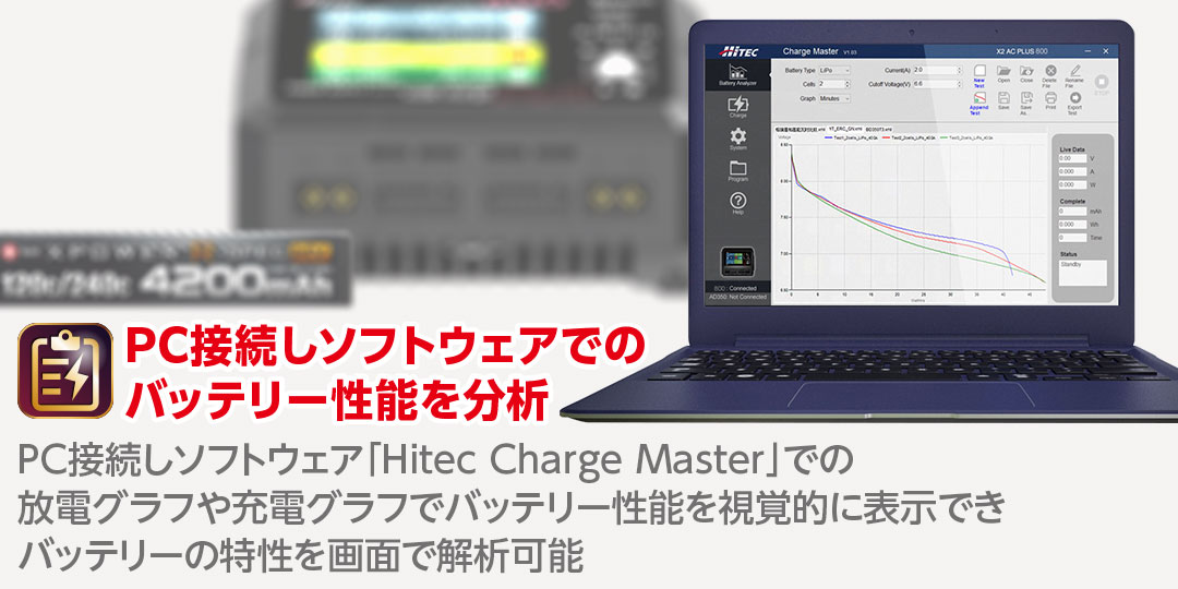 PC接続しソフトウェアでのバッテリー性能を分析　PC接続しソフトウェア「Hitec Charge Master」での放電グラフや充電グラフバッテリー性能を視覚的に表示できバッテリーの特性を画面で解析可能