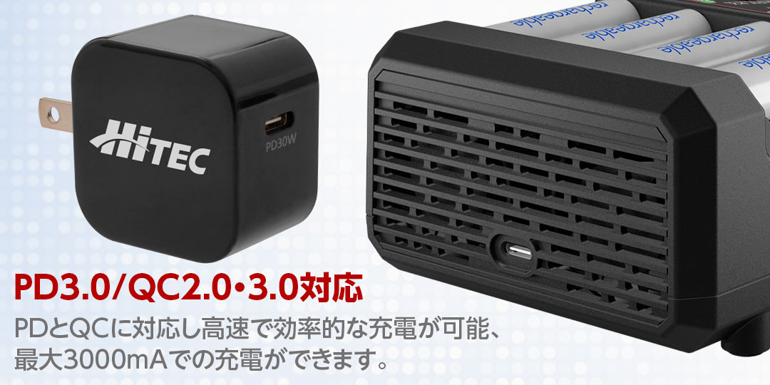 現在主流のUSB新規格（PD3.0 / QC2.0・QC3.0）に対応 PDとQCに対応し高速で効率的な充電が可能、最大3000mAでの充電ができます。