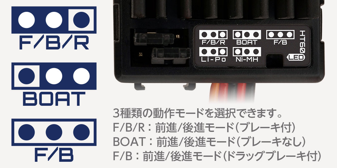 3種類の動作モードを選択できます。　1 F/B/R：前進/後進モード（ブレーキ付）　2 BOAT：前進/後進モード（ドラッグブレーキ付）　3 F/B：前進/後進モード（ブレーキなし）